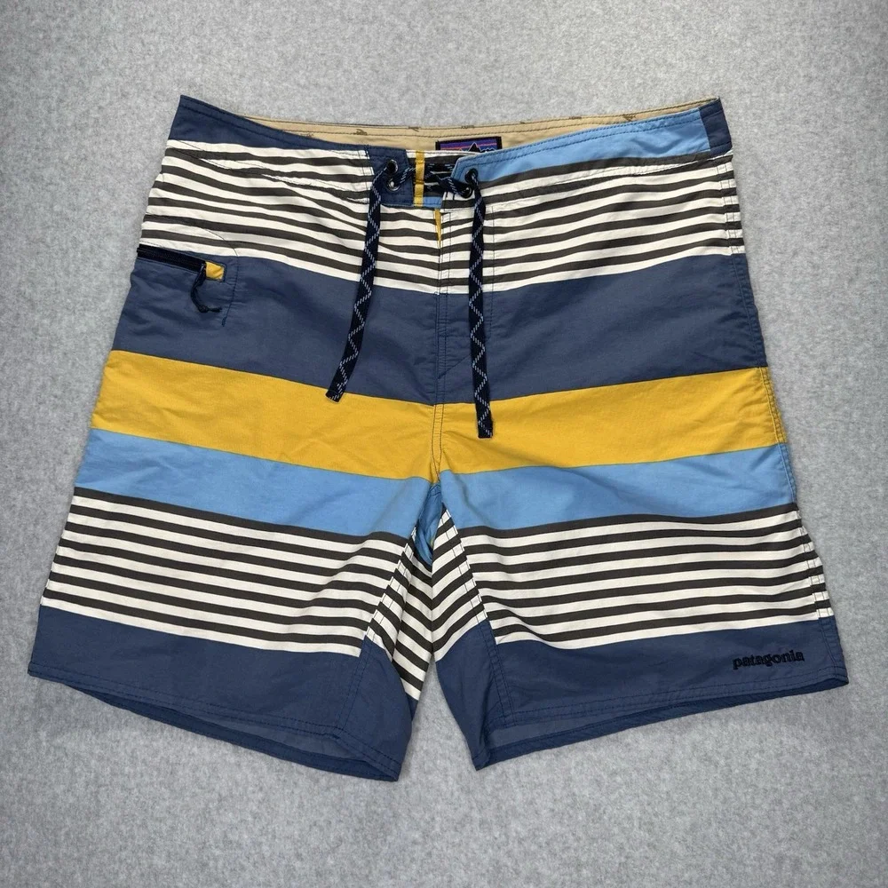 Patagonia Men's 34 Wavefarer Board Shorts Fitz Stripe Yurt Yellow Blue Surf Swim